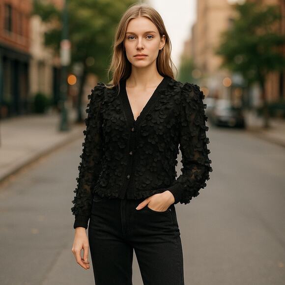 Zara Womens Sheer 3D Floral Cardigan Small Business Casual Semi Formal - Picture 1 of 8